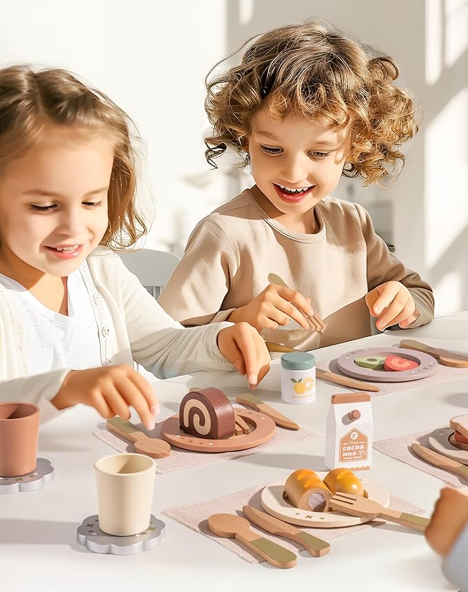 ROBOTIME Play Kitchen Dishes Set, 29PCS Wooden Toddler Plates and Dishes for Boys Girls Gifts