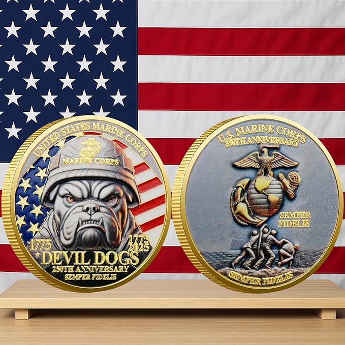 USMC 250th Anniversary Challenge Coin – Double-Sided Marine Corps Commemorative with Bulldog & Iwo Jima – Military Gift for Veterans & Collectors (10PCS)