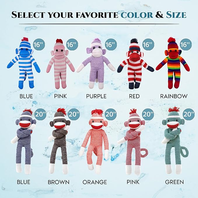 Adorable Sock Monkey, The Original Traditional Hand Knitted Stuffed Animal Toy Gift-for Kids, Babies, Teens, Girls and Boys Baby Doll Present Puppet (20" Brown)