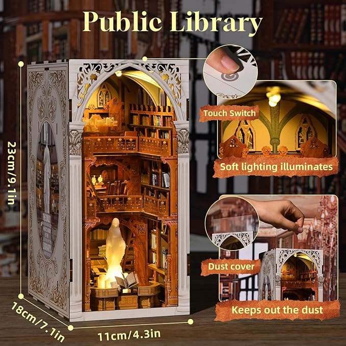 Book Nook Kit, DIY Miniature House Kit 3D Wooden Puzzle for Adults Booknook Kit with Dust Cover Book Decor Bookshelf Decoration Decorative Bookends Women Craft Gifts for Teens (Public Library)