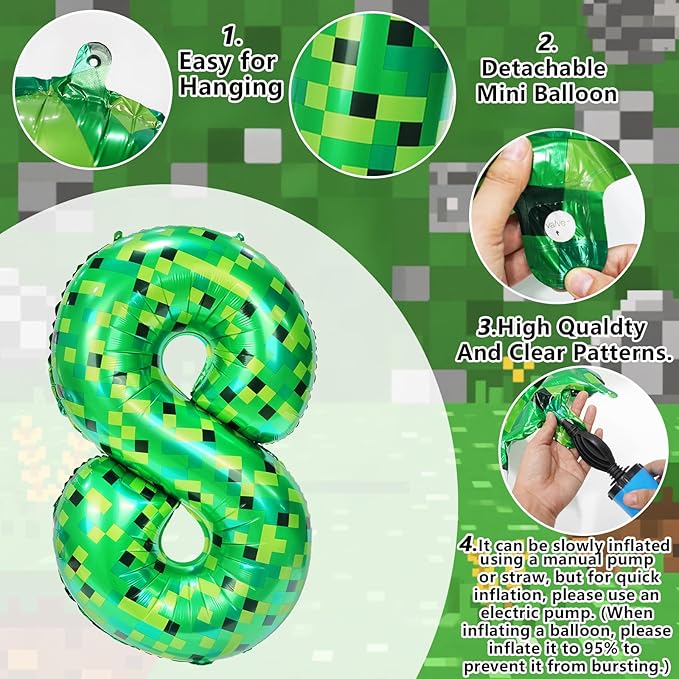 40in TNT Pixel Number 8 Balloon Birthday Decorations, Miner Theme Green Foil Balloons Blast Gaming Party Supplies