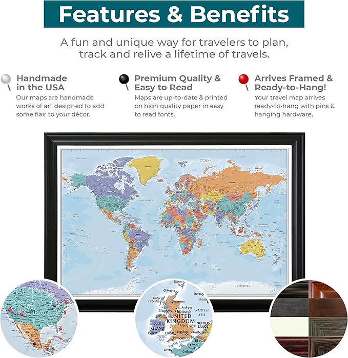 Push Pin Travel Maps - Customizable Blue Oceans World Push Pin Travel Map with Rustic Black Frame- 27.5" x 39.5" - 8 Handcrafted Frame Options - Made in USA - Ideal for Adventurous Travelers