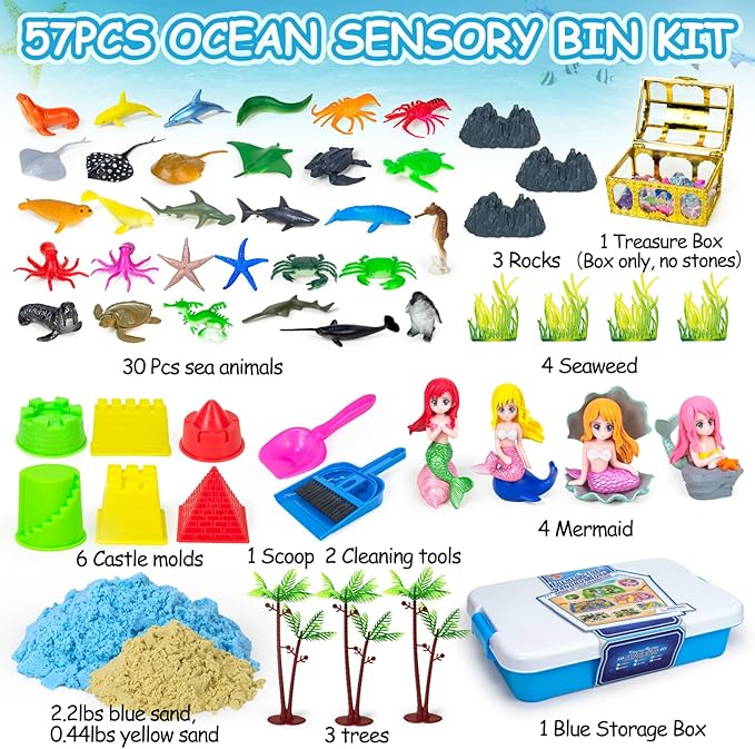 Ocean Sensory Bin, 57 Pcs Mermaid Sand Art Kit Castle Sea Animal Molds Sandbox Toys, Mermaid Play Sand Toy Sensory Playsand for Kids Toddlers, Birthday Gifts for Boys Girls Ages 3 4 5 6 7