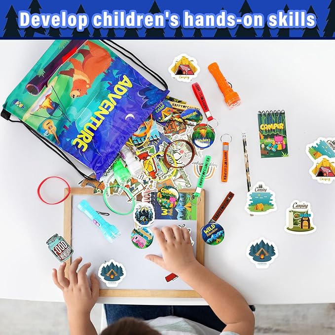 Zhanmai 140 Pcs Fall Camping Party Favors Gifts Silicone Bracelets Stickers Camping Keychain Badge Camouflage Pencils Spiral Camp Adventure Theme Notepads Happy Drawstring Bags Mini Flashlight for Kid
