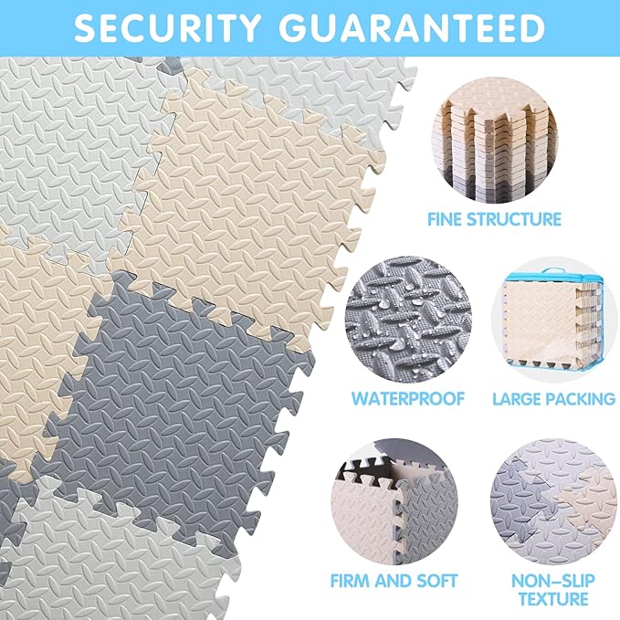 16 Tiles Foam Play Mat for Baby, Soft & Safe EVA Foam Mats for Floor, Square Interlocking Floor Mat, Solid Colored Kids Foam Puzzle Floor Mat, 47x47 Play Mat for Playpen(White/Beige/Gray)