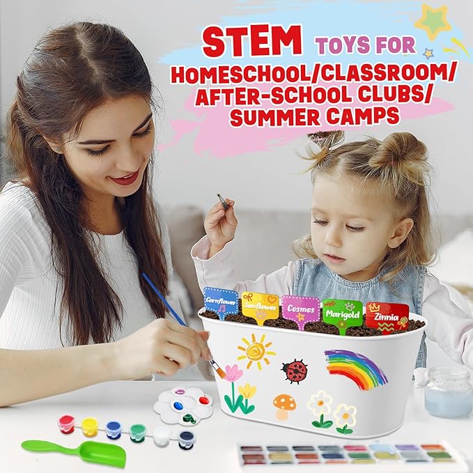 Paint & Plant Kids Gardening Set with 5 Flower Seeds, Arts and Crafts for Kids Ages 4-12, Science STEM Toys for Toddler Education, Birthday Gifts Ideas for Girls & Boys 4 5 6 7 8 9 10 11 12 Year Old