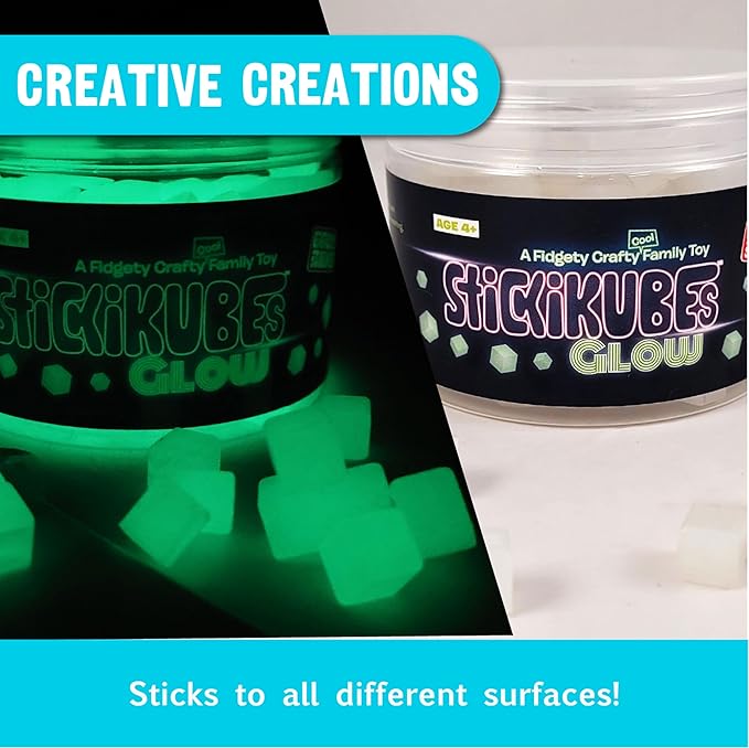 KOMARC GAMES StickiKubes, Mini Stacking Cubes That Stick to Anything, Non Toxic Kid Safe Sticky Blocks, Creative Construction Toy - 125 Cubes, Glow in The Dark, Tub