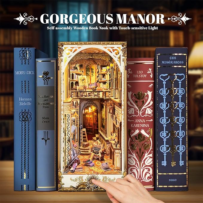 DIY Book Nook Kit, DIY Miniature Dollhouse Kit for Adults and Teens, Book Nook Bookshelf Insert Decor 3D Wooden Puzzle Bookend Miniature Kit with Sensor Light Creative Craft (Victorian Library)