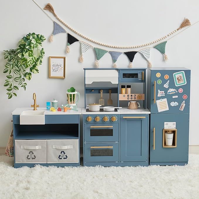 Teamson Kids Little Chef Atlanta Modular Wooden Play Kitchen, 3-Piece Pretend Set with 17 Accessories, Blue/White/Gold, Realistic Features for Toddlers & Kids, Cocina de Juguete Moderna