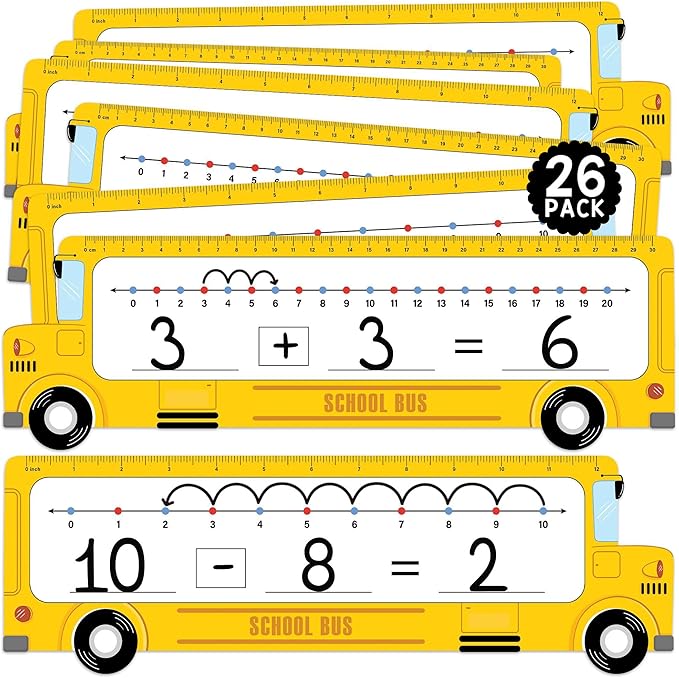 26-Pack School Bus Number Line Dry Erase Boards Cards, 14"x4", Double-Sided, Math Manipulatives for Kids, Student, Kindergarten Elementary Special Education 1st Grade Classroom Must Haves