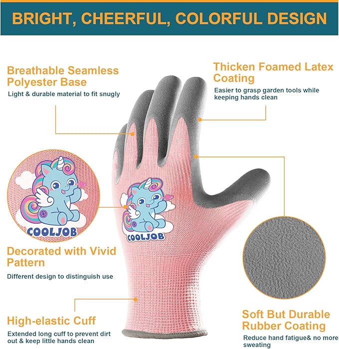 COOLJOB 3 Pairs Kids Gardening Gloves for Age 9-12, Children Toddler Girls Grippy Rubber Coated Work Gloves, Purple & Pink & Yellow (Little Beauty, Large L)