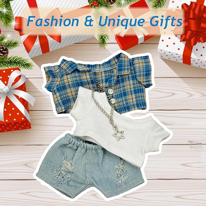 17cm Doll Clothes, Overall Outfits Set for 17cm Doll, 4 Piece Set Necklace Clothing, Stylish Adorable Dolls Clothes Accessories (No Doll)