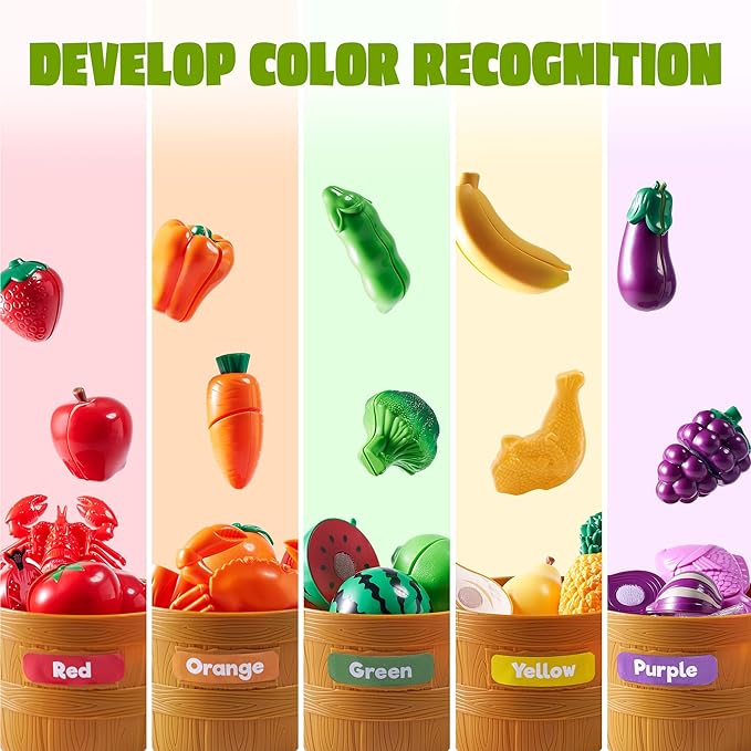 JOYIN Educational Toys Play Food Set for Toddlers, Cutting Food for Preschool Activities, Pretend Play Kitchen Accessories, Learning Toys, Color Sorting Set for Boys & Girls, Gifts for Christmas