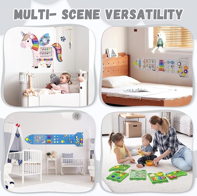 Rocket Activity Wall Busy Board Panels - Sensory Wall Panel for Kids, Montessori Toddler Wall Activity Board, Wall Toys for Toddlers 3, Activity Cube, Wood Activity Boards, White Grey