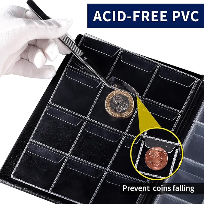 160 Pockets Coin Album - 10 Sheets Mixed Sizes Coin Holder 45x43/33x33 mm Collecting Grid for Pounds Pence Cents (Black) CS48160BK