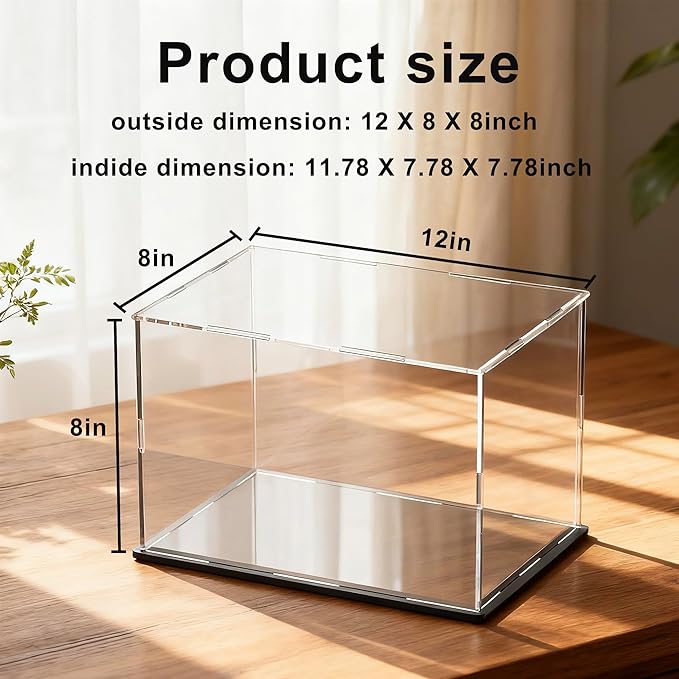 Acrylic Display Case for Figures, Clear Acrylic Box with Black Base for showcaseing Long Object, Miniature, Model Cars, Collectables 16 (L) × 8 (W) × 8 (H) inch