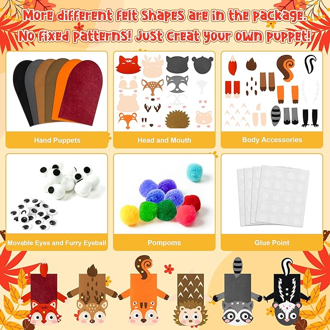 WATINC 6Pcs Hand Puppet Making Kit, Art Craft Felt Sock Puppet Toys, Creative DIY Make Your Own Pompoms Wiggle Googly Eyes Storytelling Role Play Party Supplies Gift for Girls Boys (Woodland A)