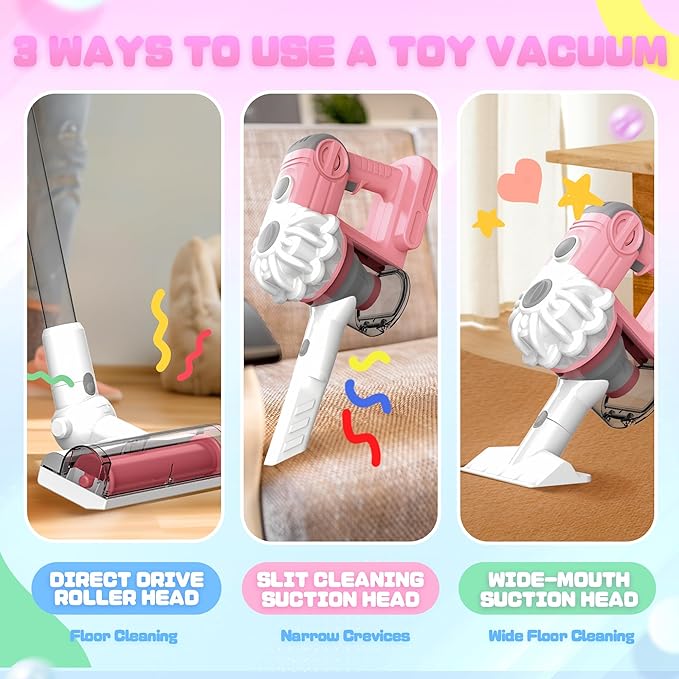 SMILESSKIDDO Kids Vacuum That Really Works - 3-in-1 Toy Vacuum with Real Suction, Apron, Cleaning Cloth, Duster & Colorful Beads, Toddler Cleaning Toy Set, Housekeeping Toy Gifts for Girls & Boys