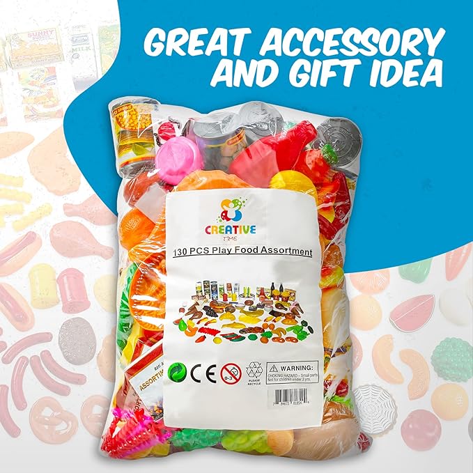 MEDca Kids Play Food Set - 130 Piece Pretend Play Collection - Assorted Fake Food Set Includes Fruits, Vegetables, Snacks, Dessert, Juices, Canned Goods and More for Boys and Girls