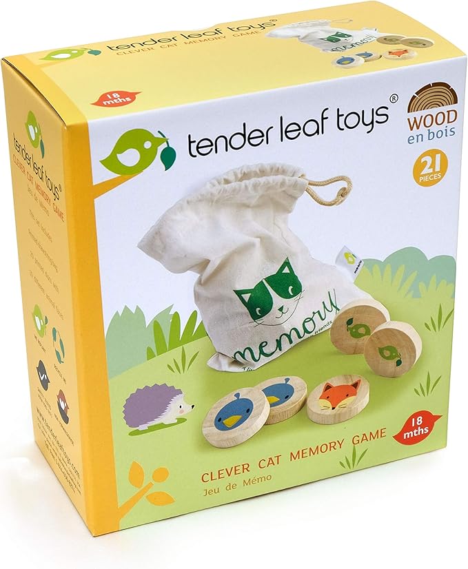 Tender Leaf Toys Clever Cat Memory Game with Canvas Storage Bag - Fun Play While Improving Visual Memory Skills - 18 Months +