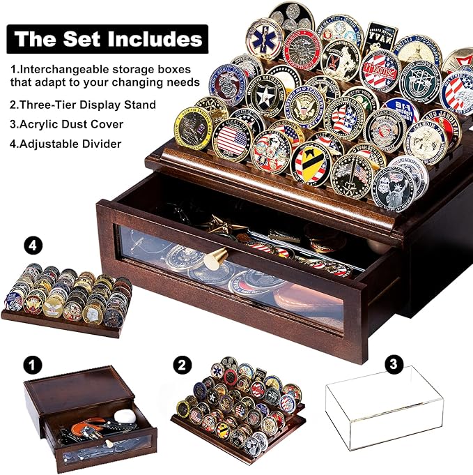 Premium Challenge Coin Display Case for 100 Coins - 360° View & Interchangeable Panels - Military, Police, Fire Fighter Gift for Retirement, Promotion