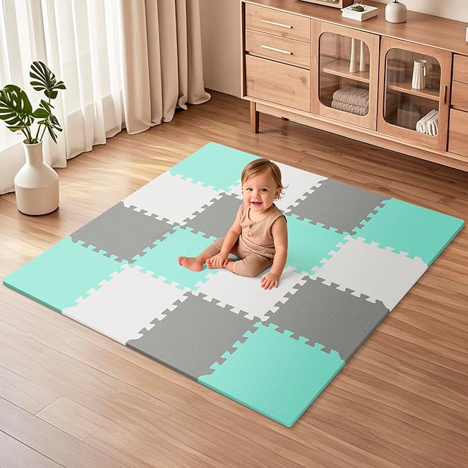 16Pcs Baby Play Mat for Floor, Foam Floor Tiles for Kids with Interlocking, Squares Foam Puzzle Carpet for Playroom, Crawling Rug for Babies 6-12 Months,Toddlers,11.8 * 11.8 * 0.6In Each