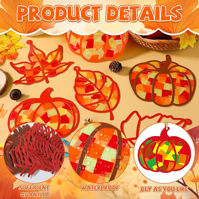 Qyeahkj 36 Set Fall Suncatchers Crafts for Kids DIY Autumn Window Tissue Paper Crafts Kit Maple Leaves Pumpkin Hanging Decor for Thanksgiving School Home Activity Art Project Birthday Party Favor Gift