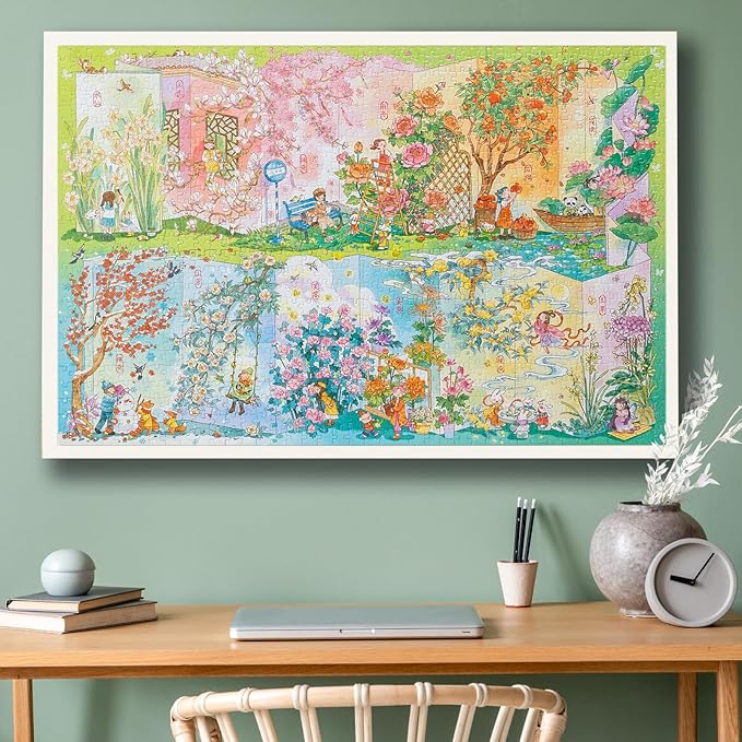 MOMIBOOK 1000 Piece Puzzle for Adults Jigsaw Puzzles of Flower Calendar, Photosensitive Discoloration Painting Image Four Seasons Challenging Impossible Puzzle Unique Party Christmas Birthday Gifts