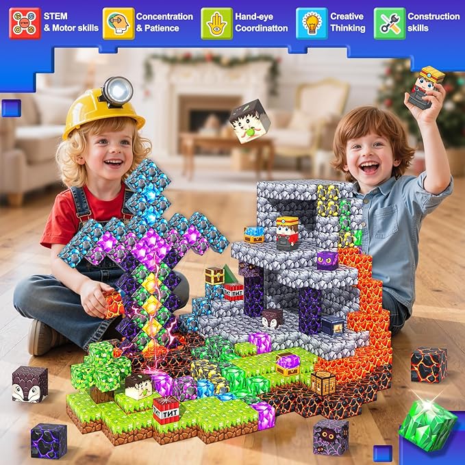 Magnetic Blocks - Build Mine Magnet World Set, STEM Magnetic Building Blocks for Kids Ages 4-6 6-8 8-13, Montessori Sensory Toys for Toddlers, Birthday Toys Gifts for 3+ Years Old Boys & Girls