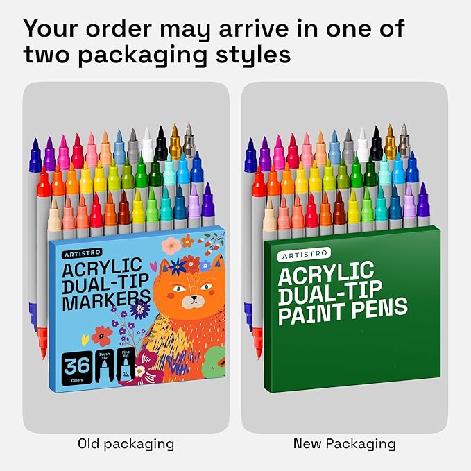 ARTISTRO 36 Dual Tip Brush + Fine Acrylic Paint Pens Ideal for Calligraphy - Paint Markers for Fabric, Rock, Glass, DIY - Stocking Stuffers, Christmas Gift Idea for Teens, Grandkids, Kids