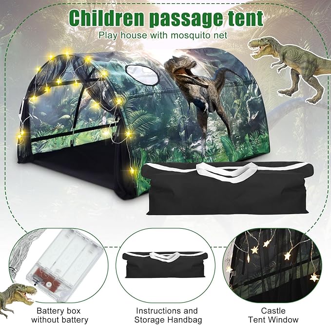 Dinosaur Bed Tent for Kids Large Kids Twin Tent Toddler Play Bed with Carry Bag Foldable with String Lights for Girls Boys Bedroom Indoor Games