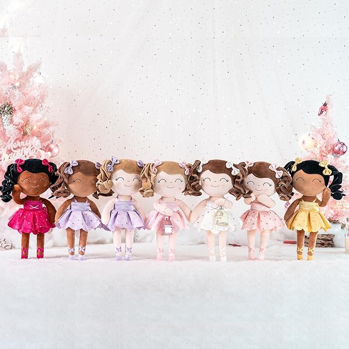 Gloveleya Baby Dolls Soft Snuggly Curly Hair Ballerina Doll First Baby Girl Gifts Plush Tanned Ballet Doll with Lace Mesh Dress Golden 14inches Ballerina Series
