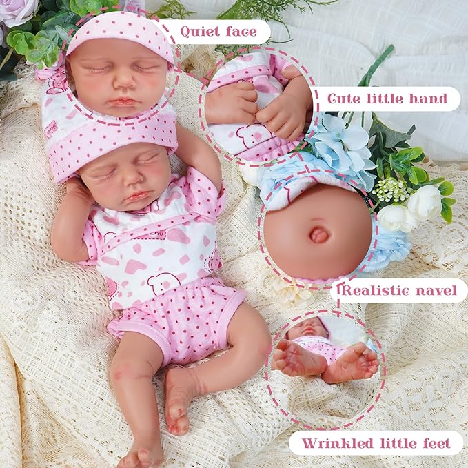 Reborn Baby Dolls Silicone Full Body 12in Weighted Real Life Closed-Eyes Girl Dolls Lifelike Newborn Baby Soft Body Flexible Limbs Not Vinyl