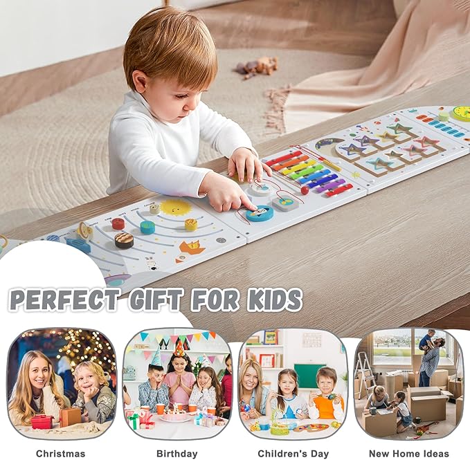 Rocket Activity Wall Busy Board Panels - Sensory Wall Panel for Kids, Montessori Toddler Wall Activity Board, Wall Toys for Toddlers 3, Activity Cube, Wood Activity Boards, White Grey