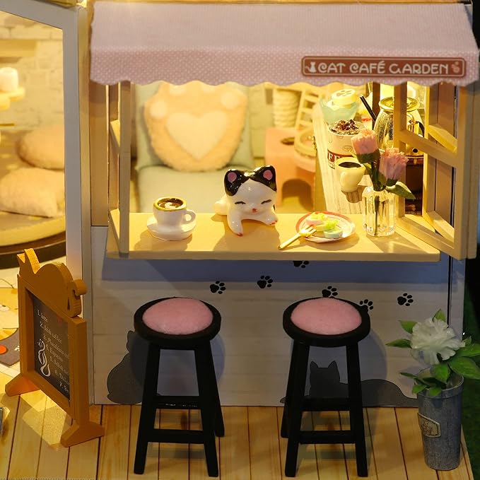 CUTEROOM DIY Miniature House Kit- Lovely Cats House, Tiny Dollhouse Wooden Furniture Kit, Mini DIY Craft Kits Creative Room for Christmas Decoration Family Friends