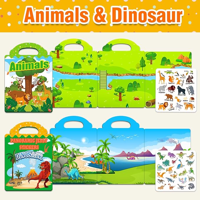 2 Sets Reusable Sticker Books for Toddlers 1-3, Animal Jelly Sticker Books for Kids 2-4 Years, Toddler Travel Toys Activity Road Trip Essentials for Kids- Animal + Dinosaurs