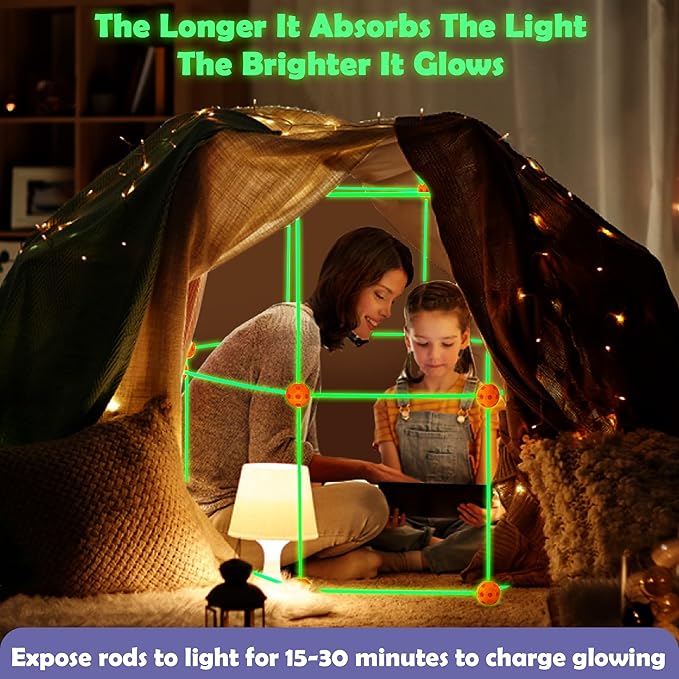 Tiny Land Glow Fort Building Kit for Kids Creative Fort Indoor & Outdoor Construction Toys with 86 Rods and 44 Balls for 5-12 Year Old Boys & Girls STEM Building Toy Gifts with Storage Bag