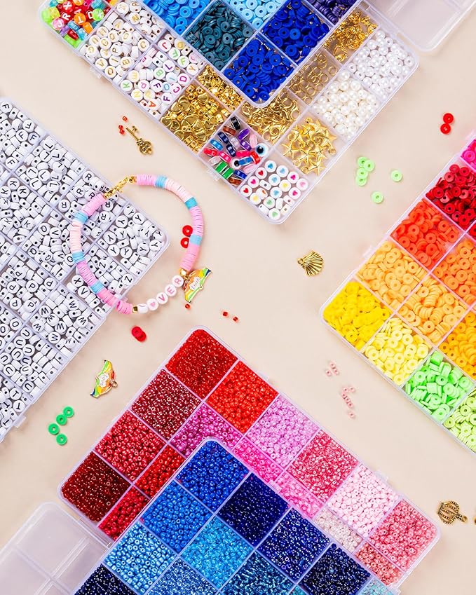 Goldwise Friendship Bracelet Kit 6 Boxes, Bracelet Making Kits with 48 Colors Clay Beads, 48 Colors Glass Seed Beads and 4 Styles Letter Beads (A-Z) with Charms for Bracelet Making Gift