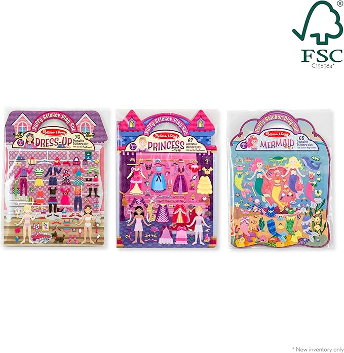 Melissa & Doug Puffy Sticker Activity Books Set of 3 – Dress-Up, Princess & Mermaid, with 208 Reusable Stickers and Fold-Out Scenes, Mess-Free Travel Toys for Kids Ages 4+ - FSC Certified