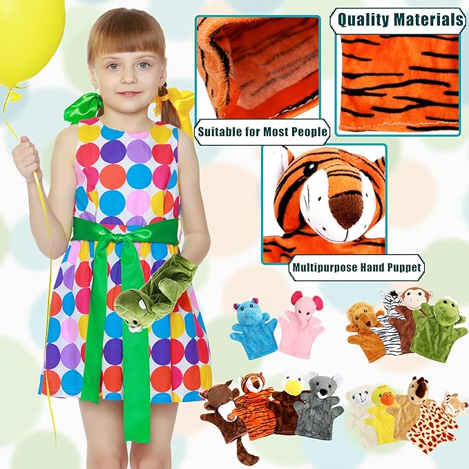 15 Pack Safari Animal Hand Puppet Zoo Plush Animal Hand Puppets Elephant Giraffe Bear Monkey Zebra Stuffed Puppet Toys for Kids Adult Show Theater Telling Story Teaching Role Play