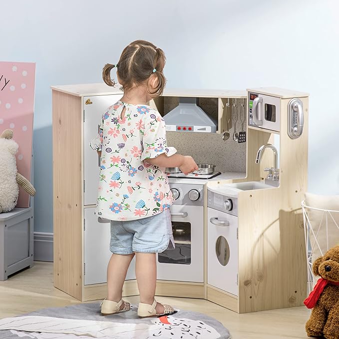 Qaba Ultra-Big Corner Kids Kitchen Playset with Sound Effects, Wooden Play Kitchen with Stainless Steel Cooking Toys, Imaginative Pretend Toy for Ages 3-6 with Phone, Ice Maker