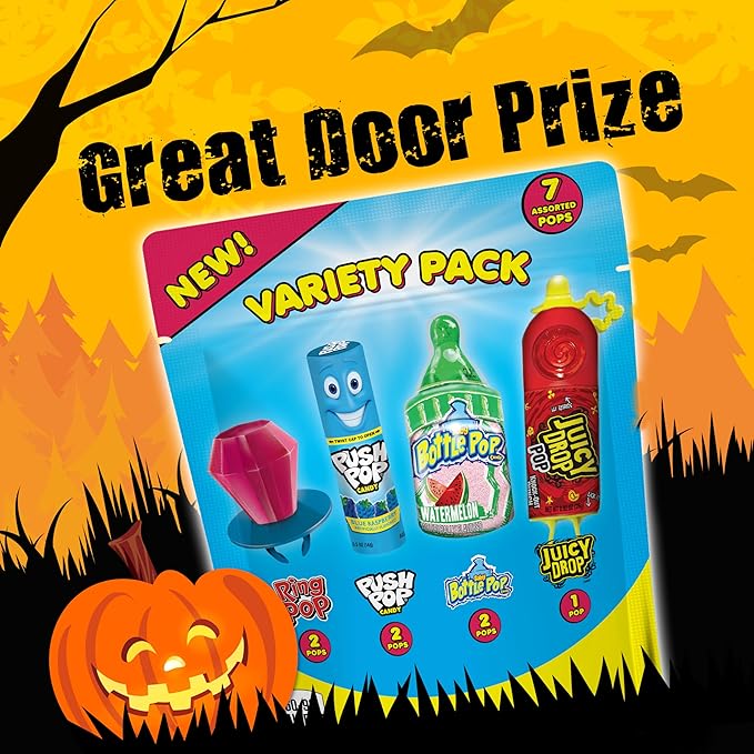 Halloween Candy Variety Pack Bag, 7 Ct Bulk Individually Wrapped Lollipops, Ring Pop, Push Pop, Baby Bottle Pop & Juicy Drop, Birthday Party Favors, Trick or Treat, Halloween Candy Bowls, Kids Gifts