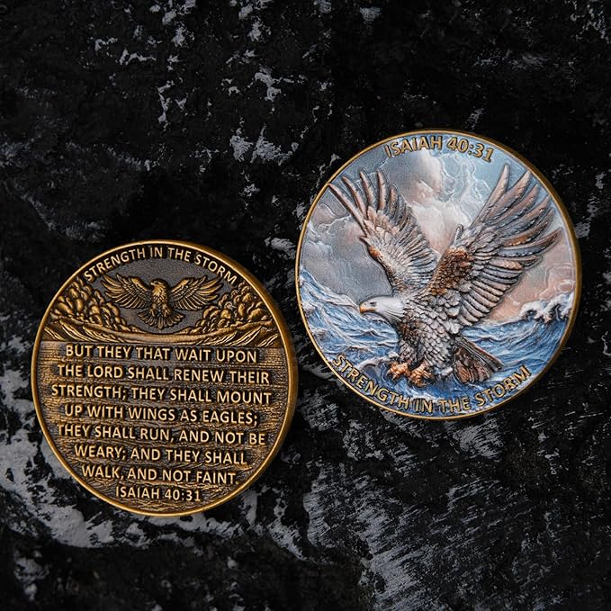 Eagle & Isaiah 40:31 Challenge Coin - Inspirational Christian Prayer Coin - Strength in The Storm - Pocket Gift with Clear Case(Pack of 5)