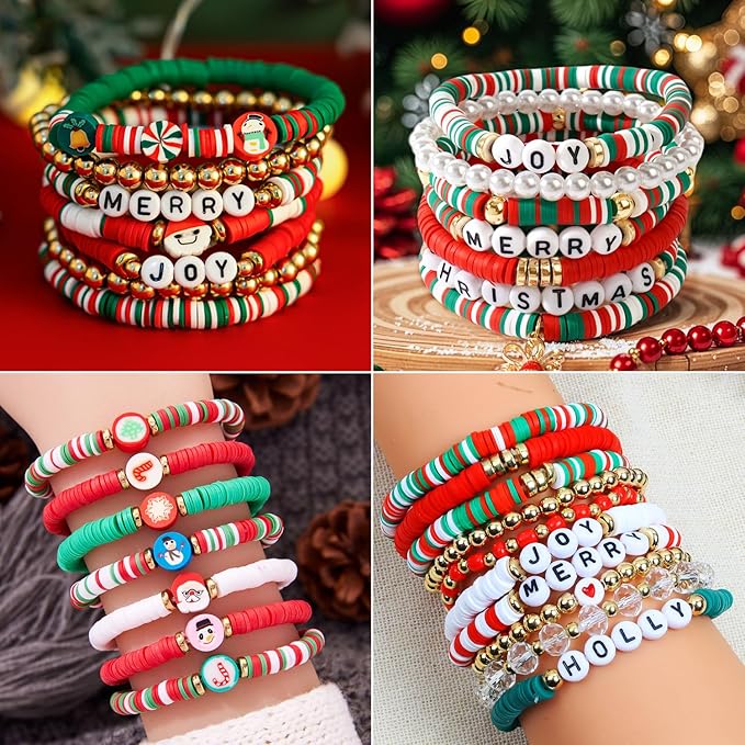 3680pcs Christmas Polymer Clay Beads Charms for Bracelets Making Kit Christmas Tree Snowman Santa Claus Snowflakes Bells Socks elk Friendship DIY Arts Crafts Gifts for Kids Girls