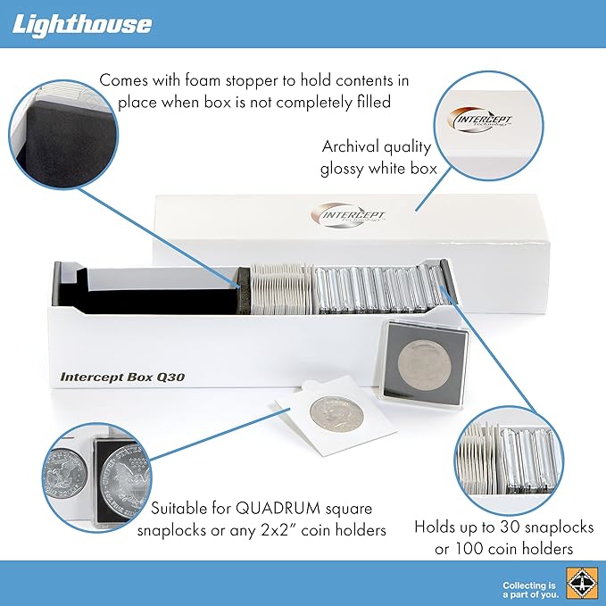 LIGHTHOUSE - Storage Box Q30 for 30 QUADRUM Square Snaplocks or 100 Coin Holders with INTERCEPT TECHNOLOGY Corrosion Protection (9 1/4" x 2 1/2" x 2 1/4")
