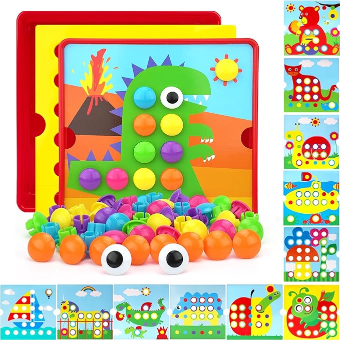 Button Art Toys for Toddlers 3-5 Years Old,Educational Color Matching Mosaic Pegboard & Fine Motor Skills Game,Early Preschool Learning Crafts Activity for Boys & Girls,Gifts for Kids Ages 3+