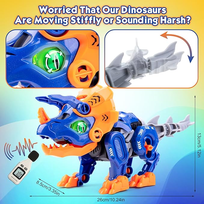 KODATEK Electric Dinosaur Building Blocks, Self-Moving Triceratops with LED Glowing Eyes & Roar Sounds, STEM Learning Toys for Boys 3-5 4-6 4-8 Years, Educational Building Kit Gifts