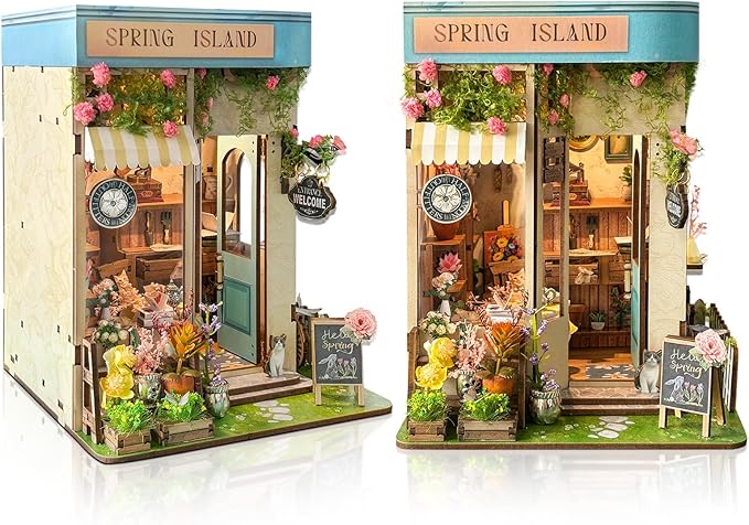 DIY Book Nook Kit, Miniature Bookshelf Decor with LED Lights, Laser-Cut Wooden Craft Set for Adults, Creative Gift for Christmas, Birthday, Spring Island