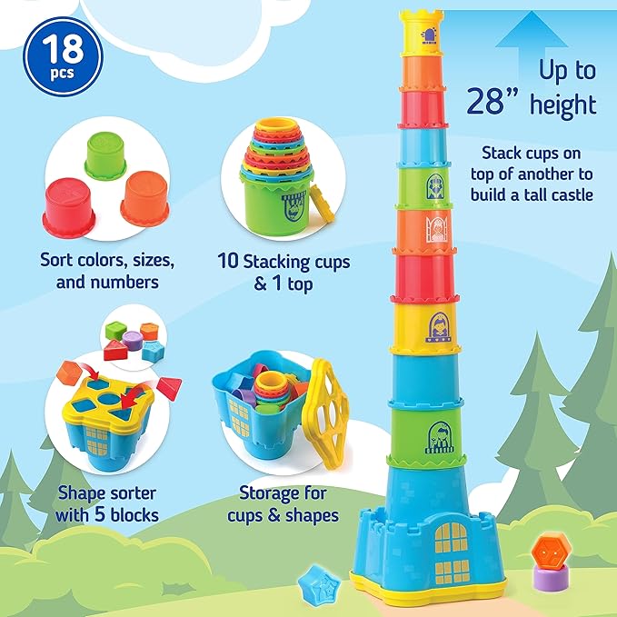 HAP-P-KID Toddler Baby Castle Stacking Nesting Cups, Infant Shape Sorting Blocks, Stack and Nest Sand Bath Stacker, Birthday Baby Gifts for 12 13 14 15 16 18 24 Months, 1 2 3 4 Year Old