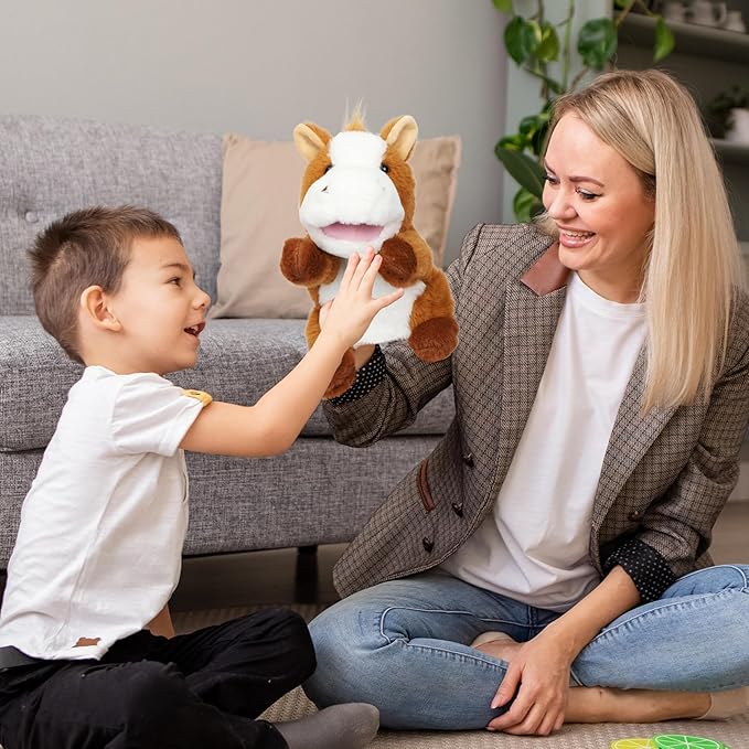 Easfan Horse Hand Puppet with Movable Mouth Interactive Storytelling Cute Soft Plush Toy Creativity and Imagination Easter Christmas Birthday Gifts for Toddlers Kids,10’’